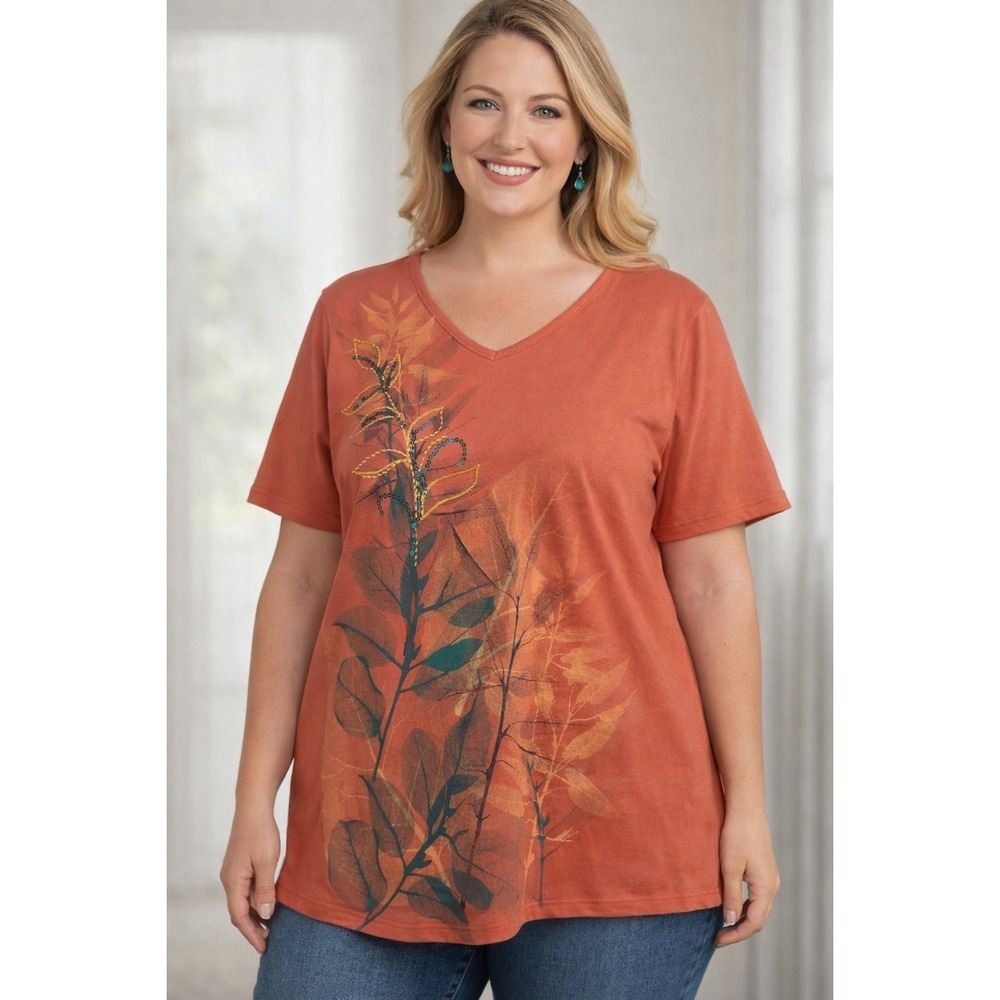 Breckenridge Woman 2X Coral V-Neck Top Floral Leaf Print Sequin Accent Short Sle